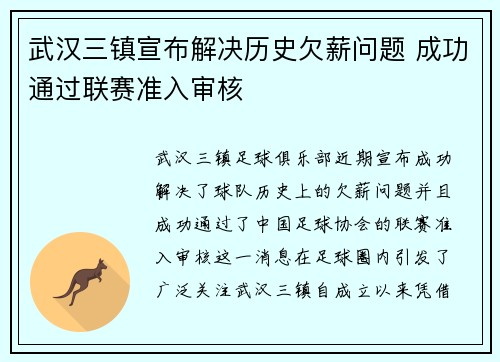 武汉三镇宣布解决历史欠薪问题 成功通过联赛准入审核